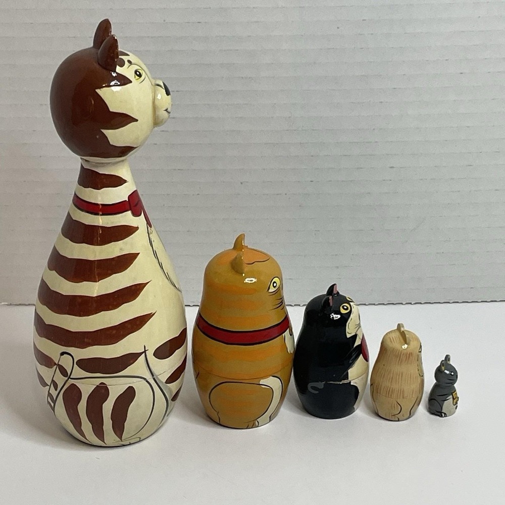 Cat Nesting Dolls Style Animal 5 Doll Set Wood Cat Kitten Kitty Yellow 7" Mouse - Picture 7 of 9